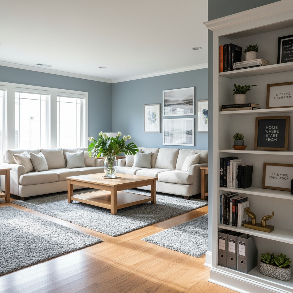 Light Blue Living Room with Sectional Sofa This image depicts a light blue living room, characterized by walls painted in ...